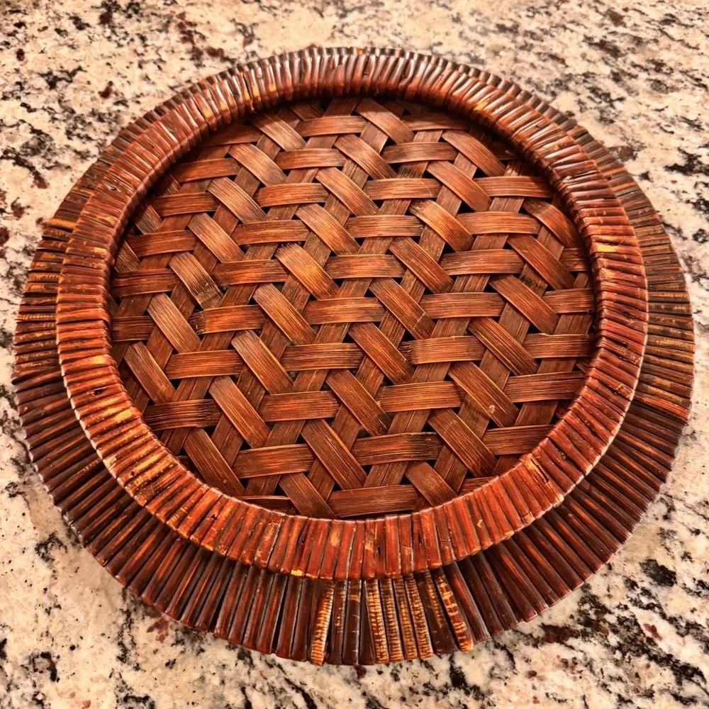 Vintage Handwoven Rattan Reed Round Tray 13